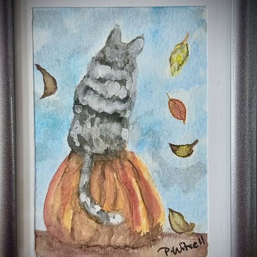 Cat on a pumpkin watercolor